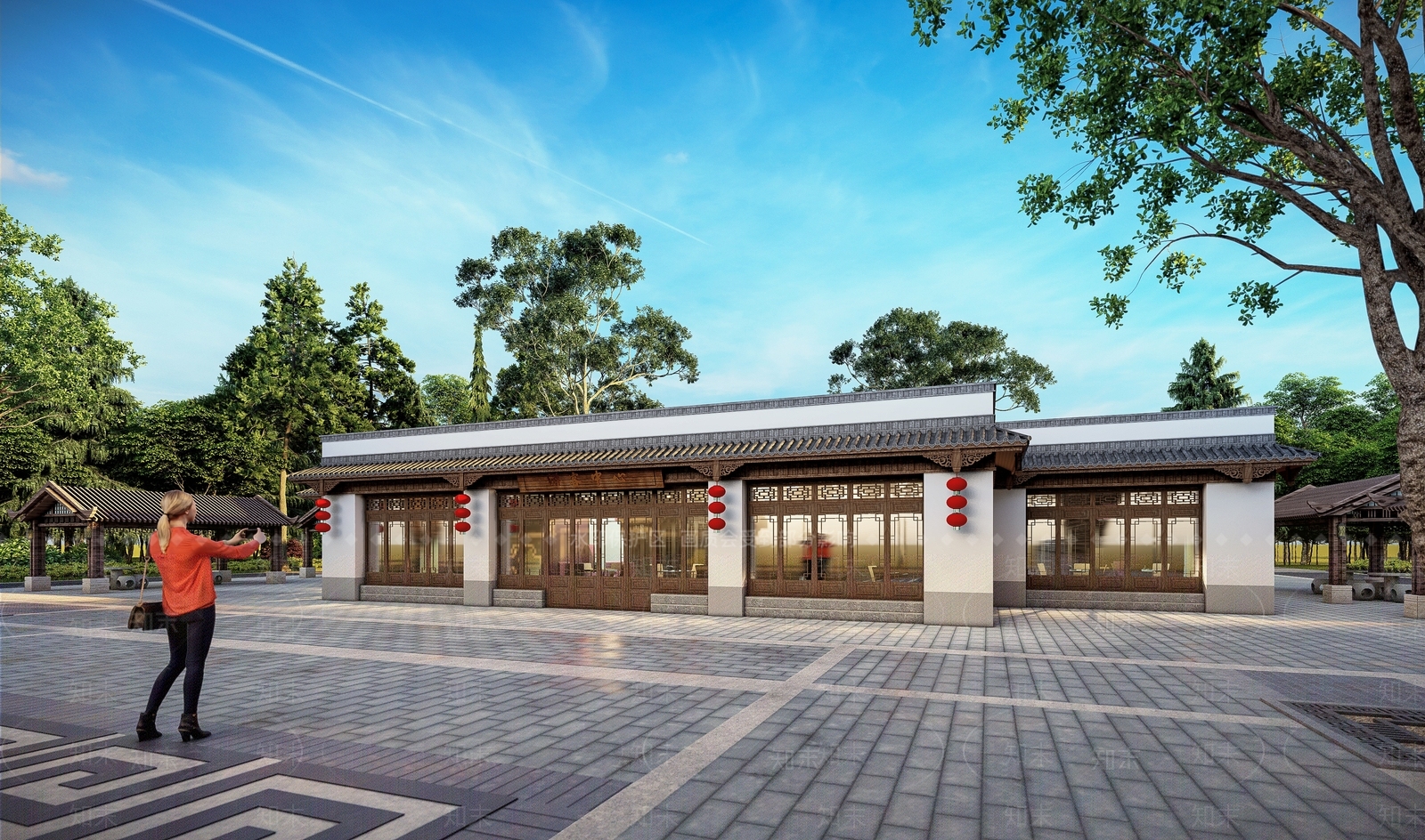中式建筑游客中心SU模型下载【ID:1121369285】