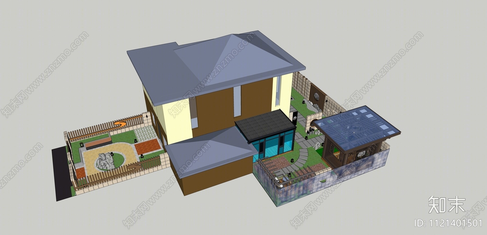 新中式别墅花园SU模型下载【ID:1121401501】