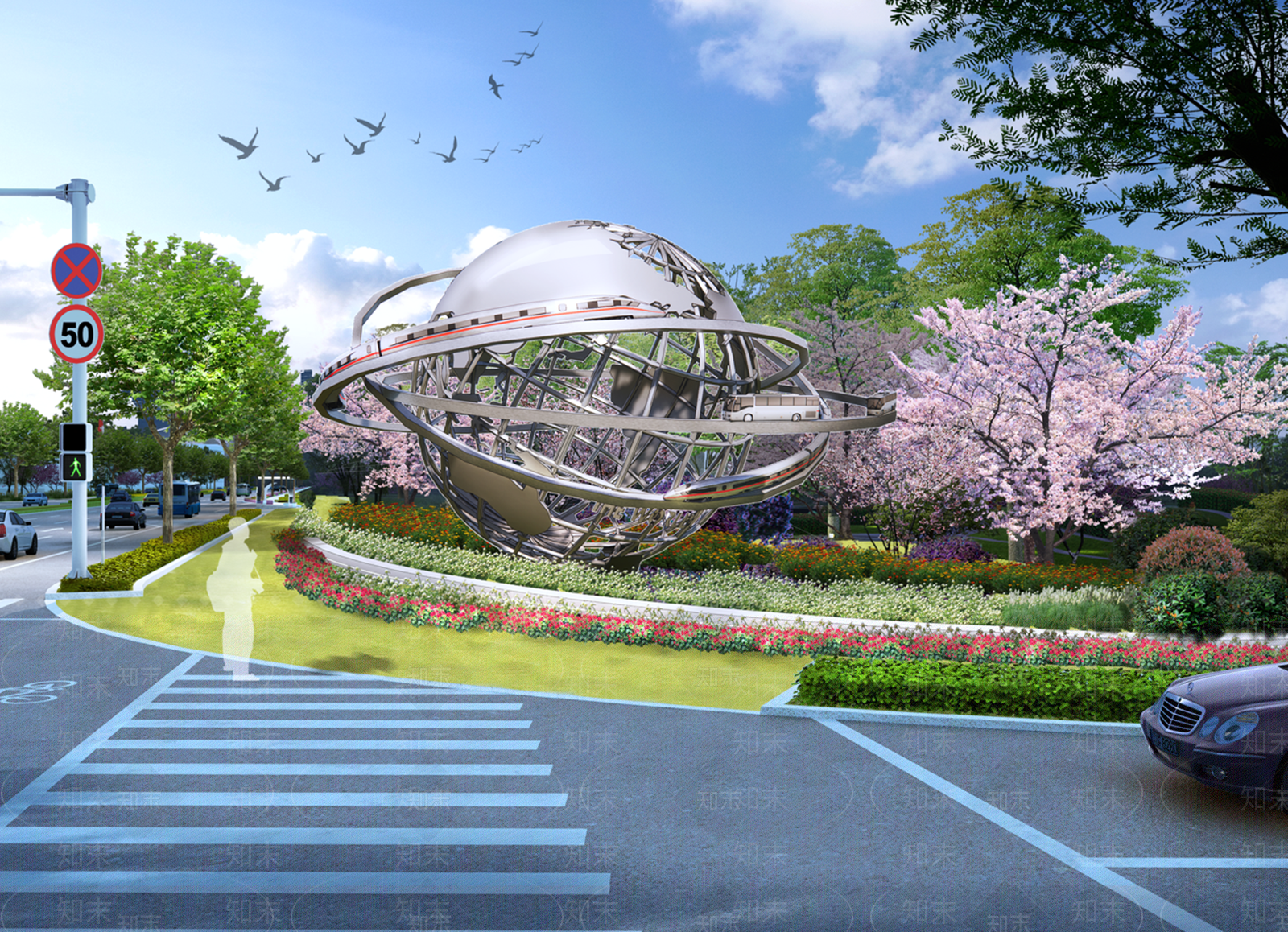 现代动车地球主题雕塑SU模型下载【ID:1121543434】