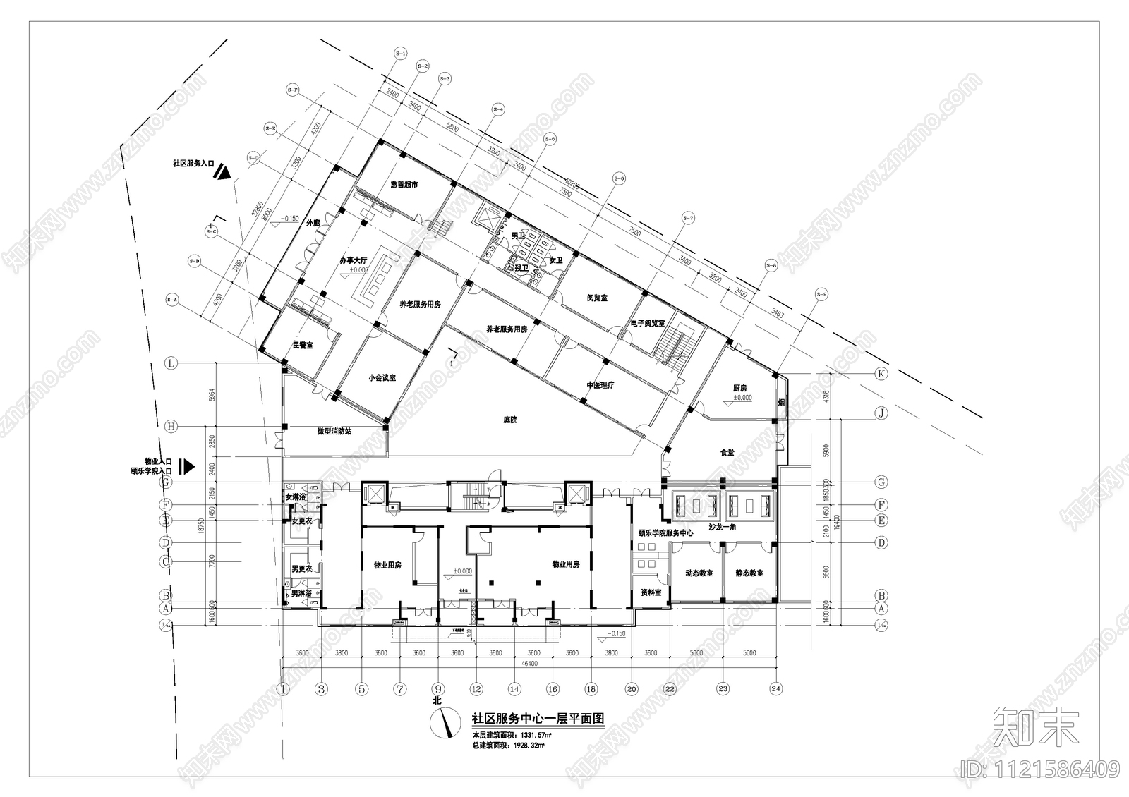 中式民国风社区服务中心建筑设计施工图cad施工图下载【ID:1121586409】