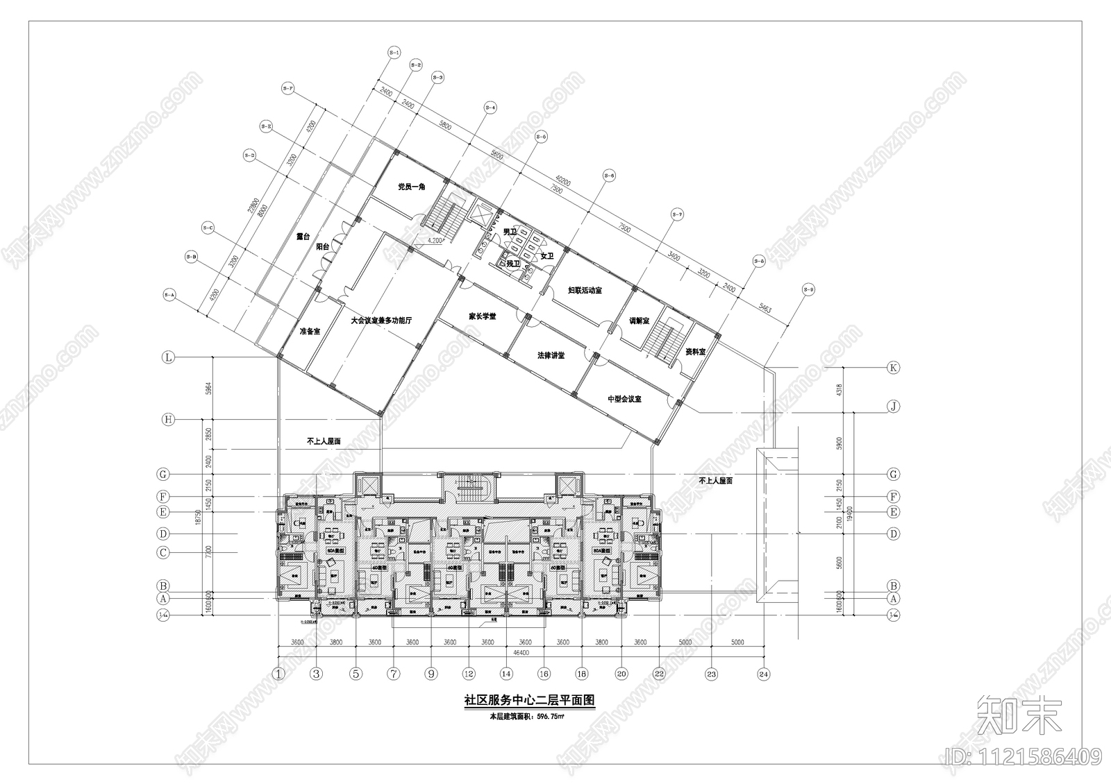 中式民国风社区服务中心建筑设计施工图cad施工图下载【ID:1121586409】