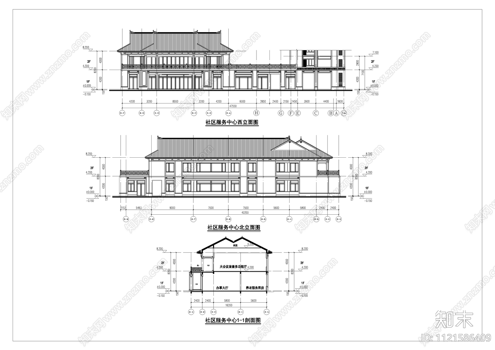 中式民国风社区服务中心建筑设计施工图cad施工图下载【ID:1121586409】