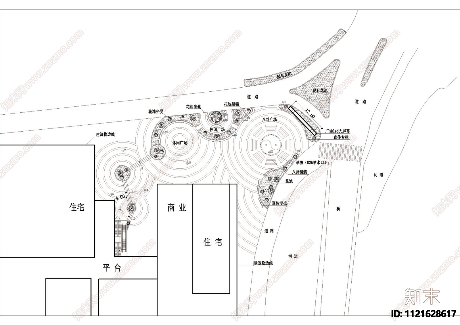 商业广场景观布置总图施工图cad施工图下载【ID:1121628617】