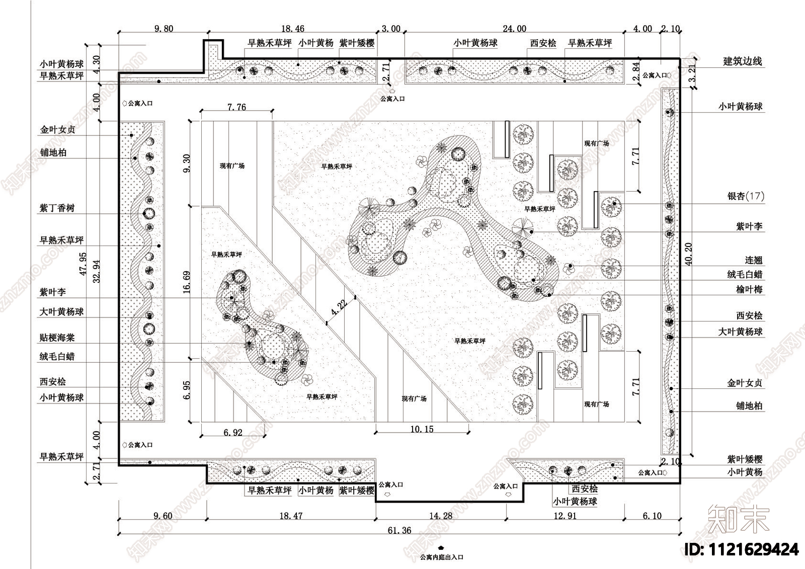 大学公寓楼内庭绿化图cad施工图下载【ID:1121629424】