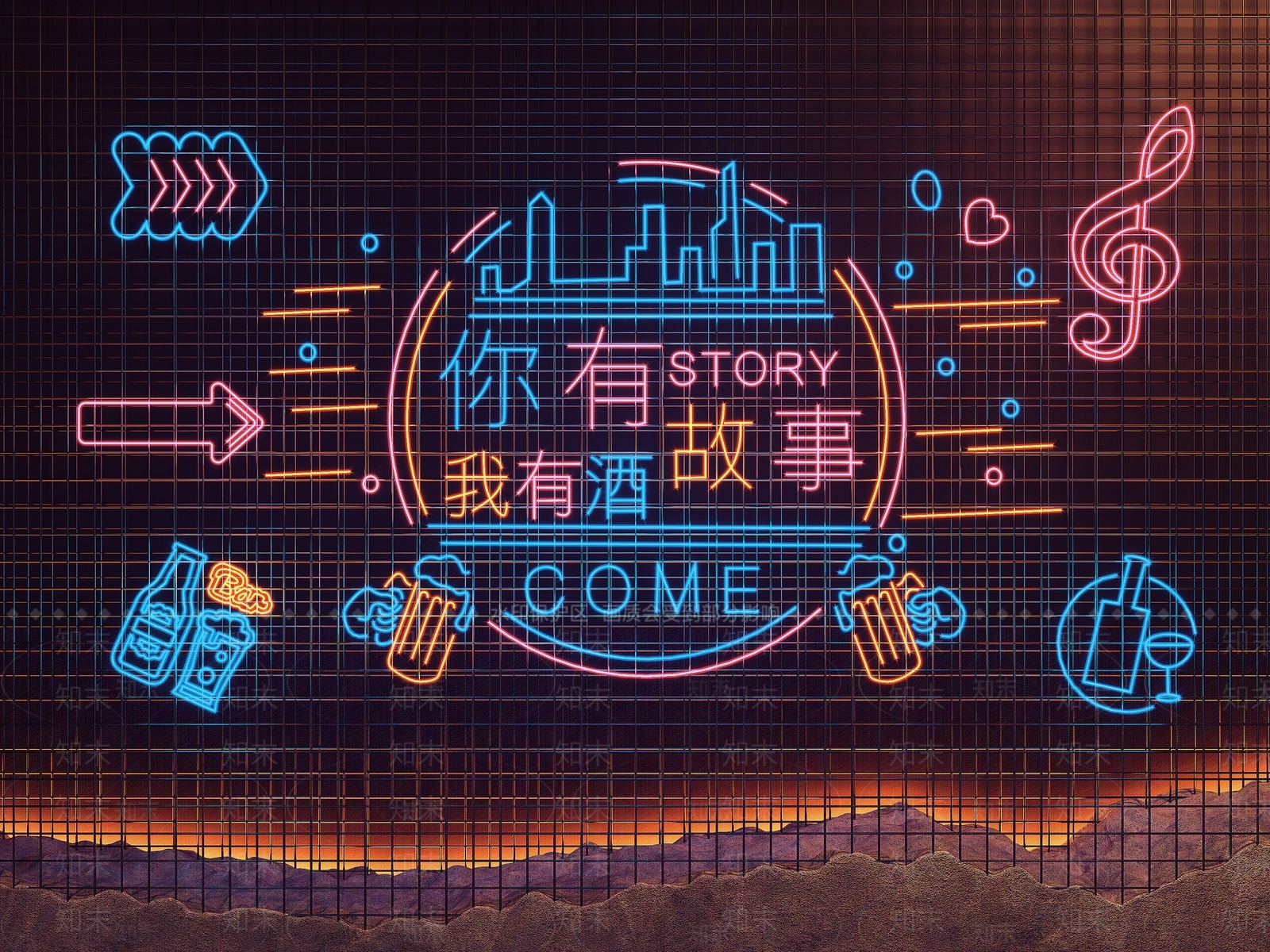 现代酒吧霓虹灯3D模型下载【ID:1121633075】