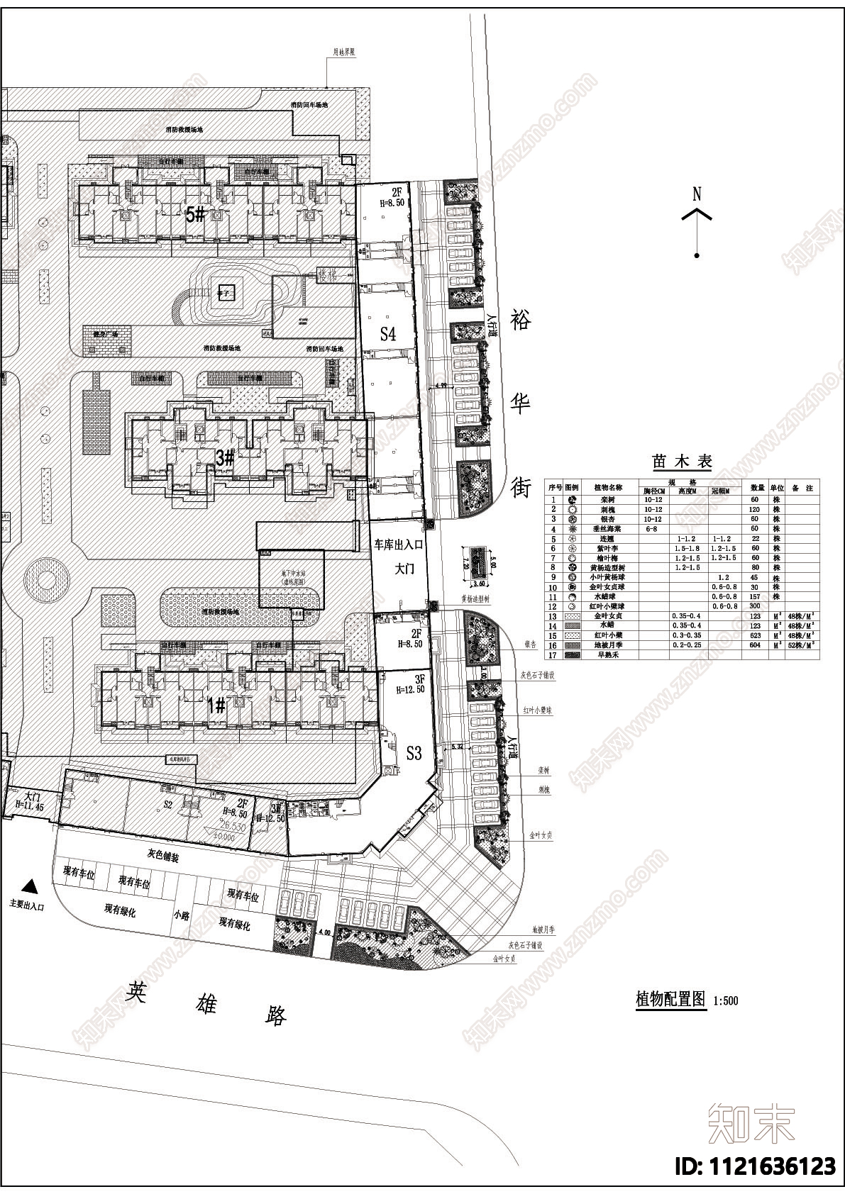 沿街商业广场景观植物配置平面图施工图下载【ID:1121636123】