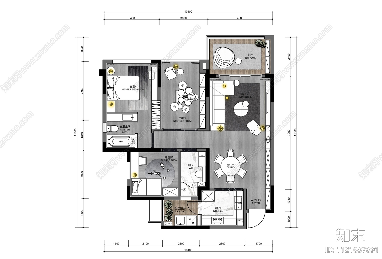 105㎡三居室样板房CAD施工图物料表施工图下载【ID:1121637891】