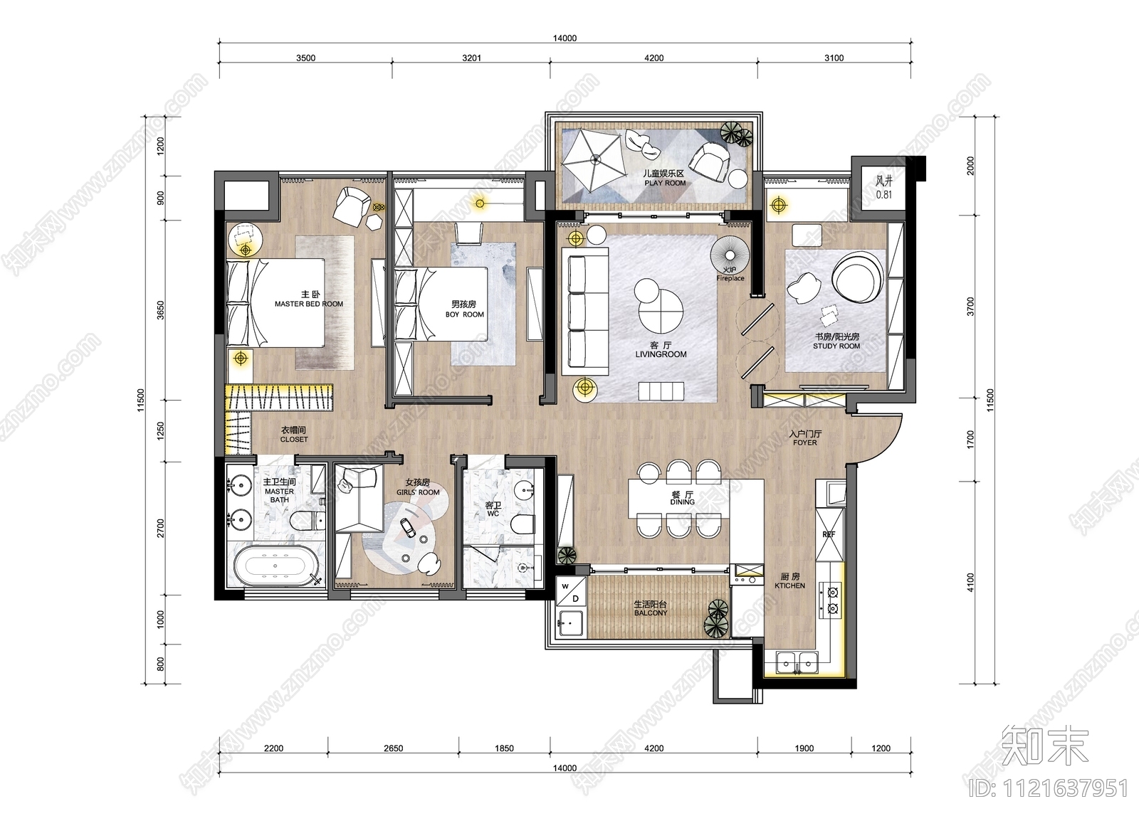 135㎡四居室样板房CAD施工图施工图下载【ID:1121637951】