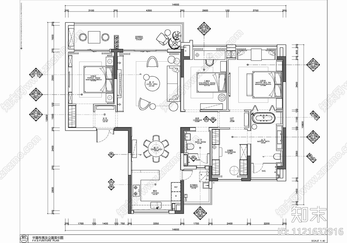 145㎡新中式样板房CAD施工图施工图下载【ID:1121637916】