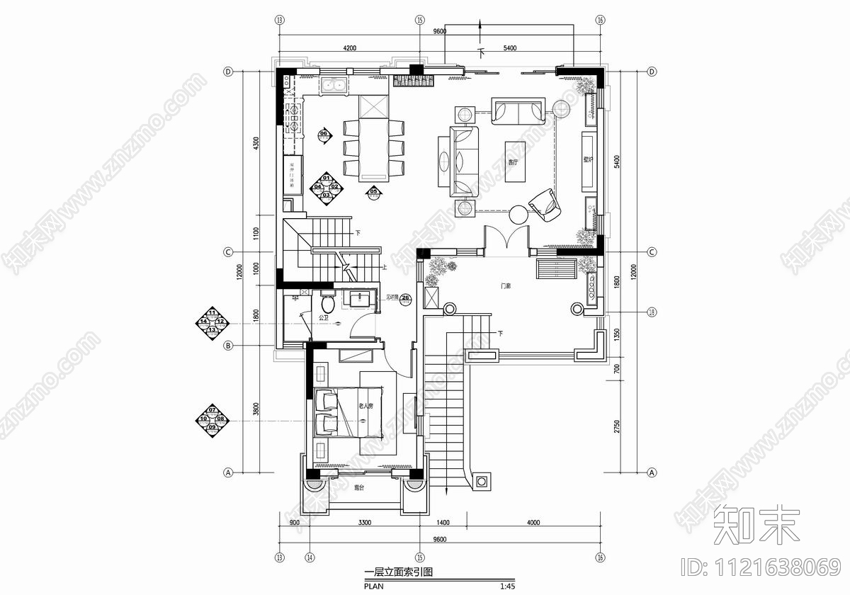 四层别墅建筑设计CAD施工图cad施工图下载【ID:1121638069】