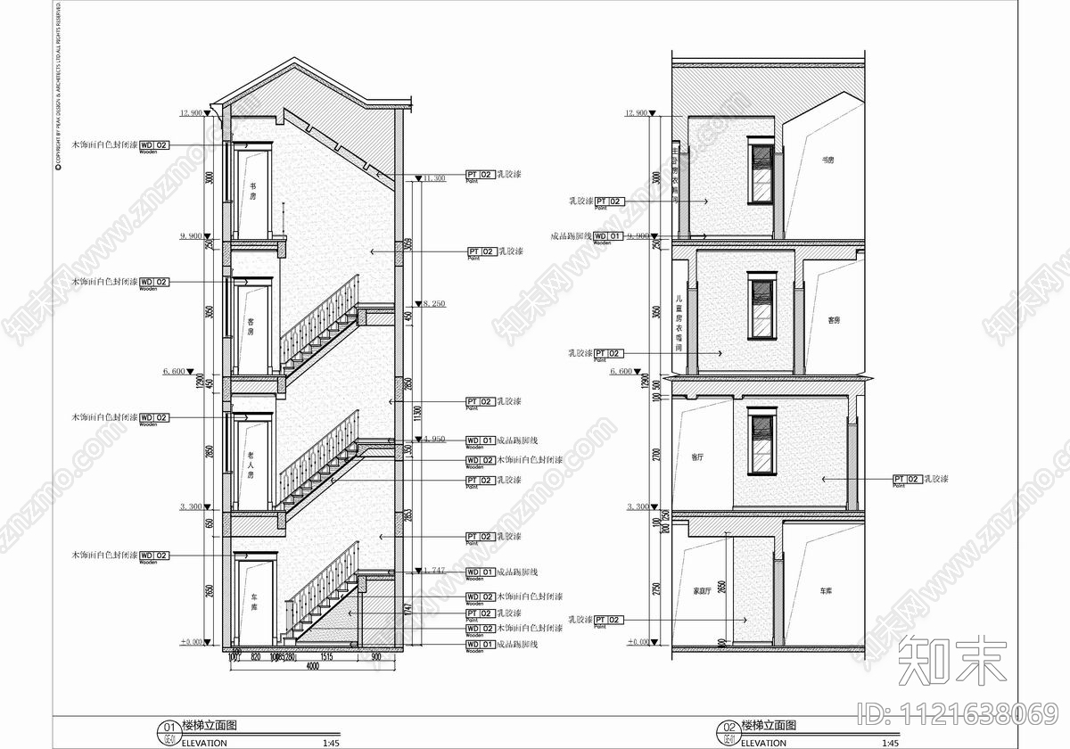 四层别墅建筑设计CAD施工图cad施工图下载【ID:1121638069】