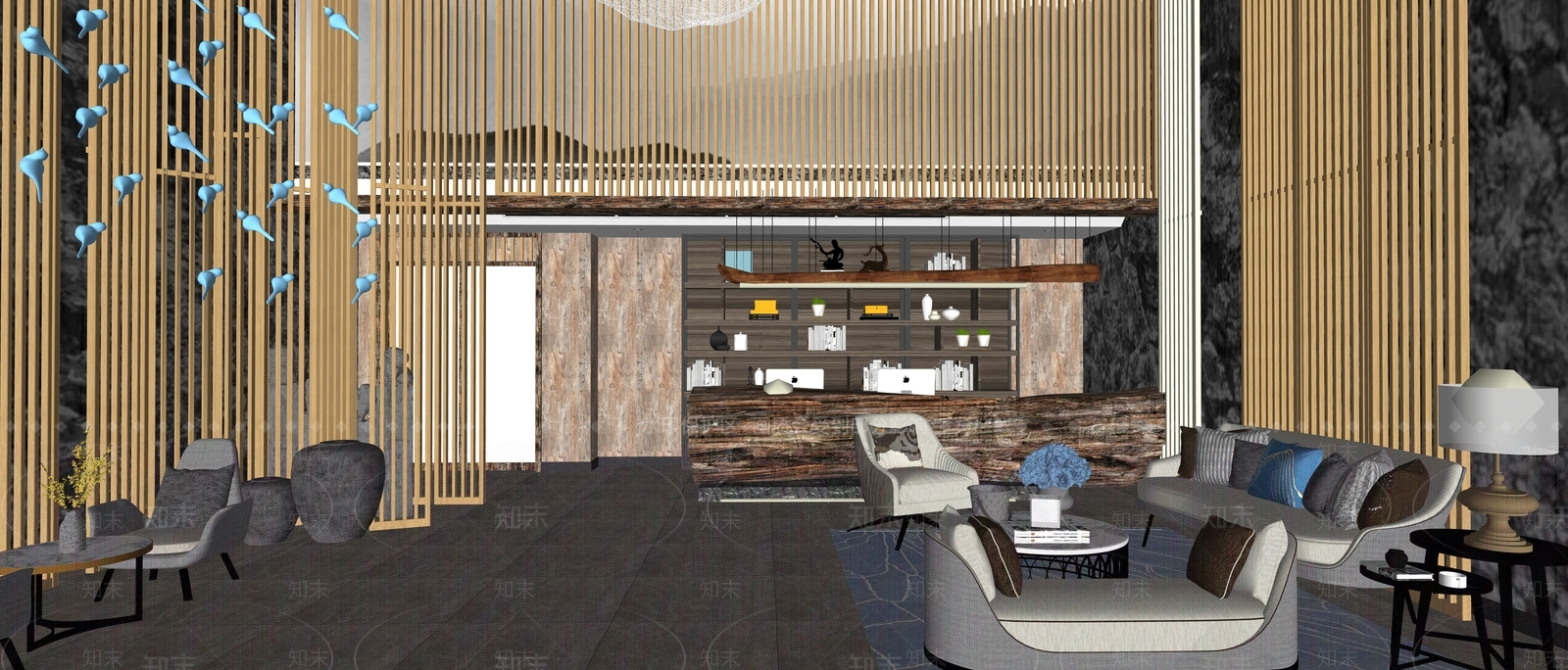 新中式酒店大堂SU模型下载【ID:1121647525】