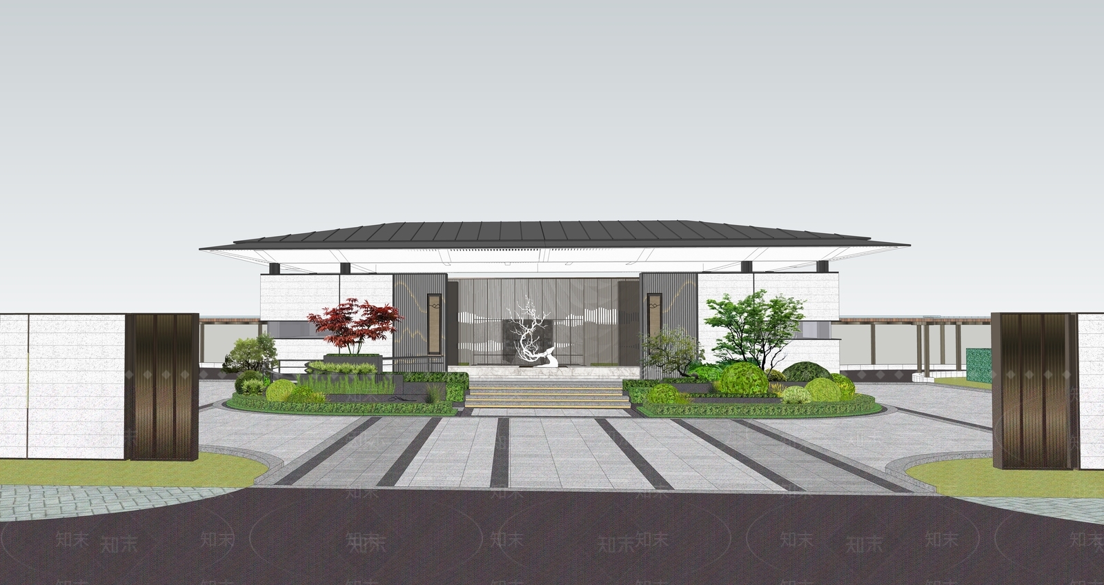 新中式小区入口大门SU模型下载【ID:1121678228】