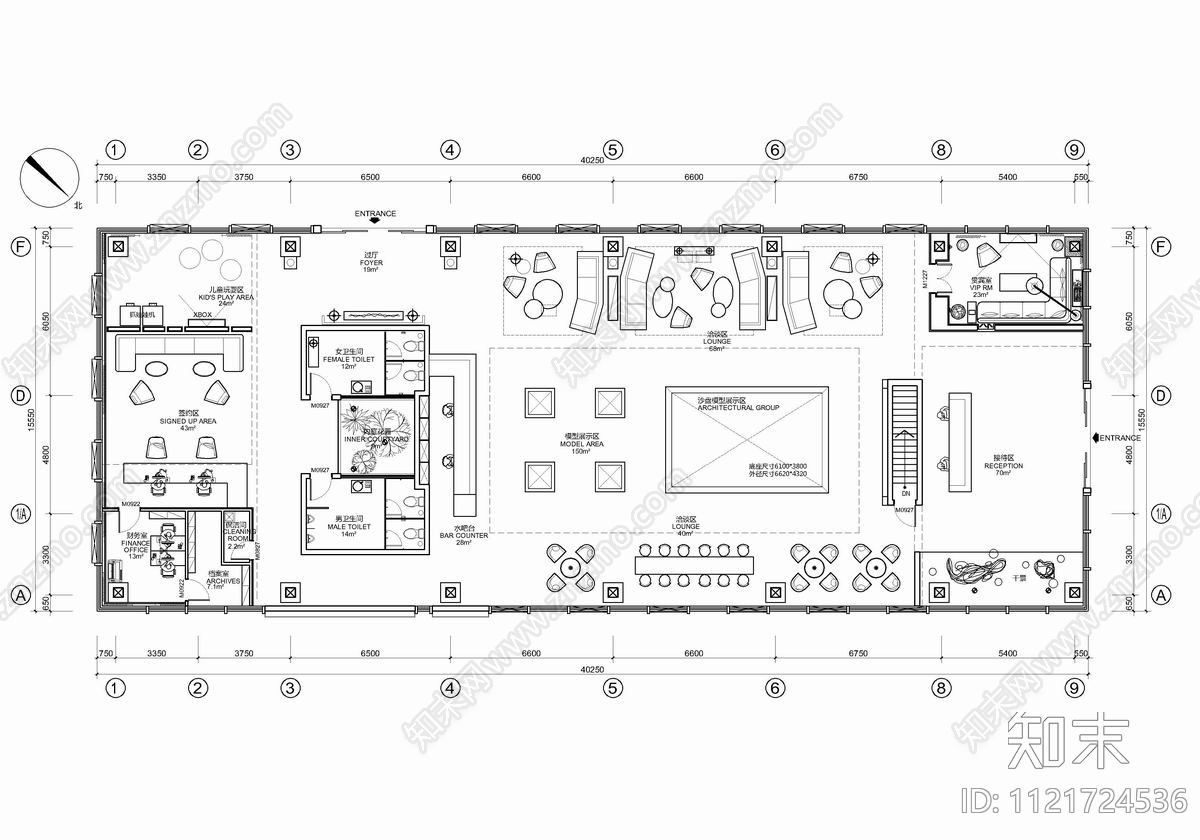 现代简约1100㎡销售中心及办公室cad施工图下载【ID:1121724536】