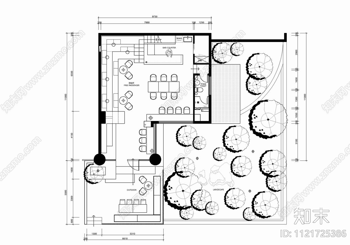 现代简约150㎡小咖啡馆cad施工图下载【ID:1121725386】