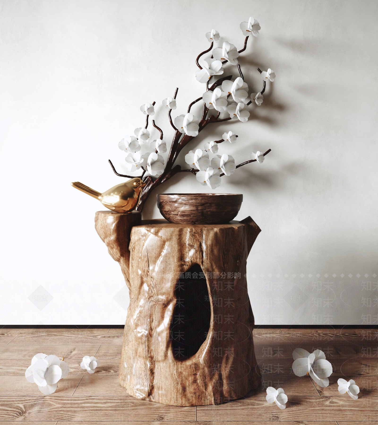 新中式花鸟木桩雕塑3D模型下载【ID:1121730988】