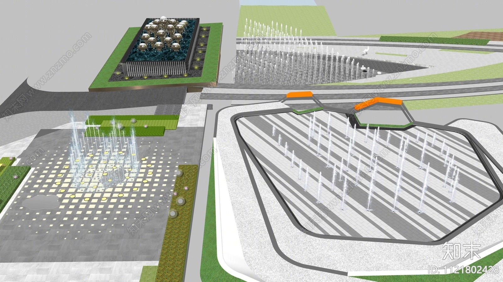 现代广场喷泉水景SU模型下载【ID:1121802428】