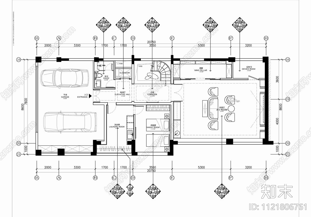 五层别墅家装室内设计CAD施工图cad施工图下载【ID:1121806761】