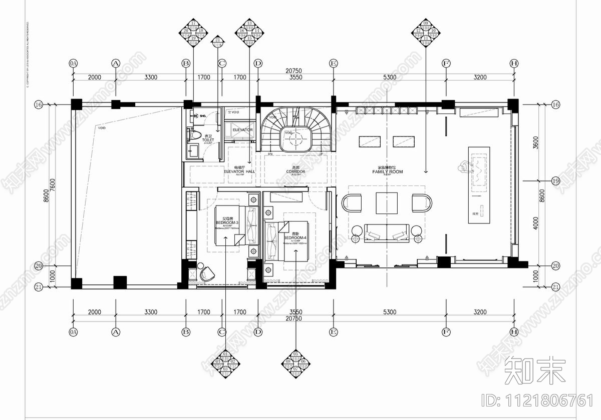 五层别墅家装室内设计CAD施工图cad施工图下载【ID:1121806761】