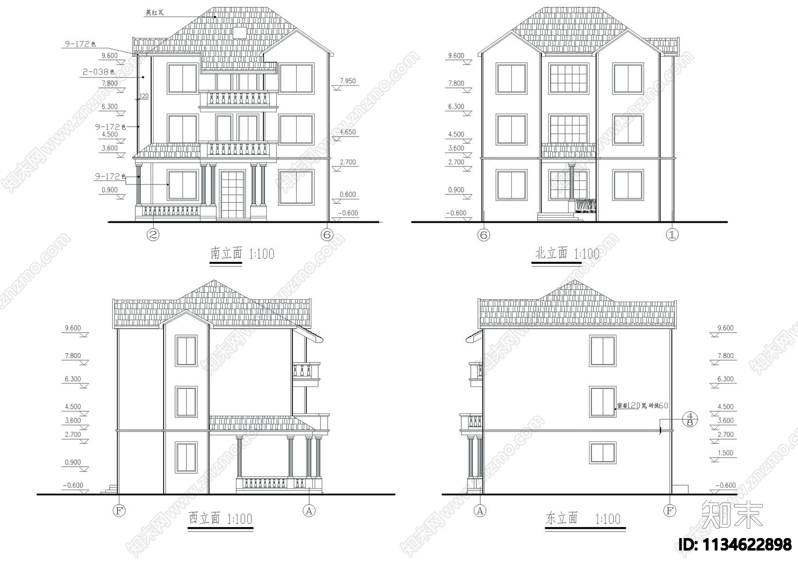 3层别墅建筑CAD图cad施工图下载【ID:1134622898】