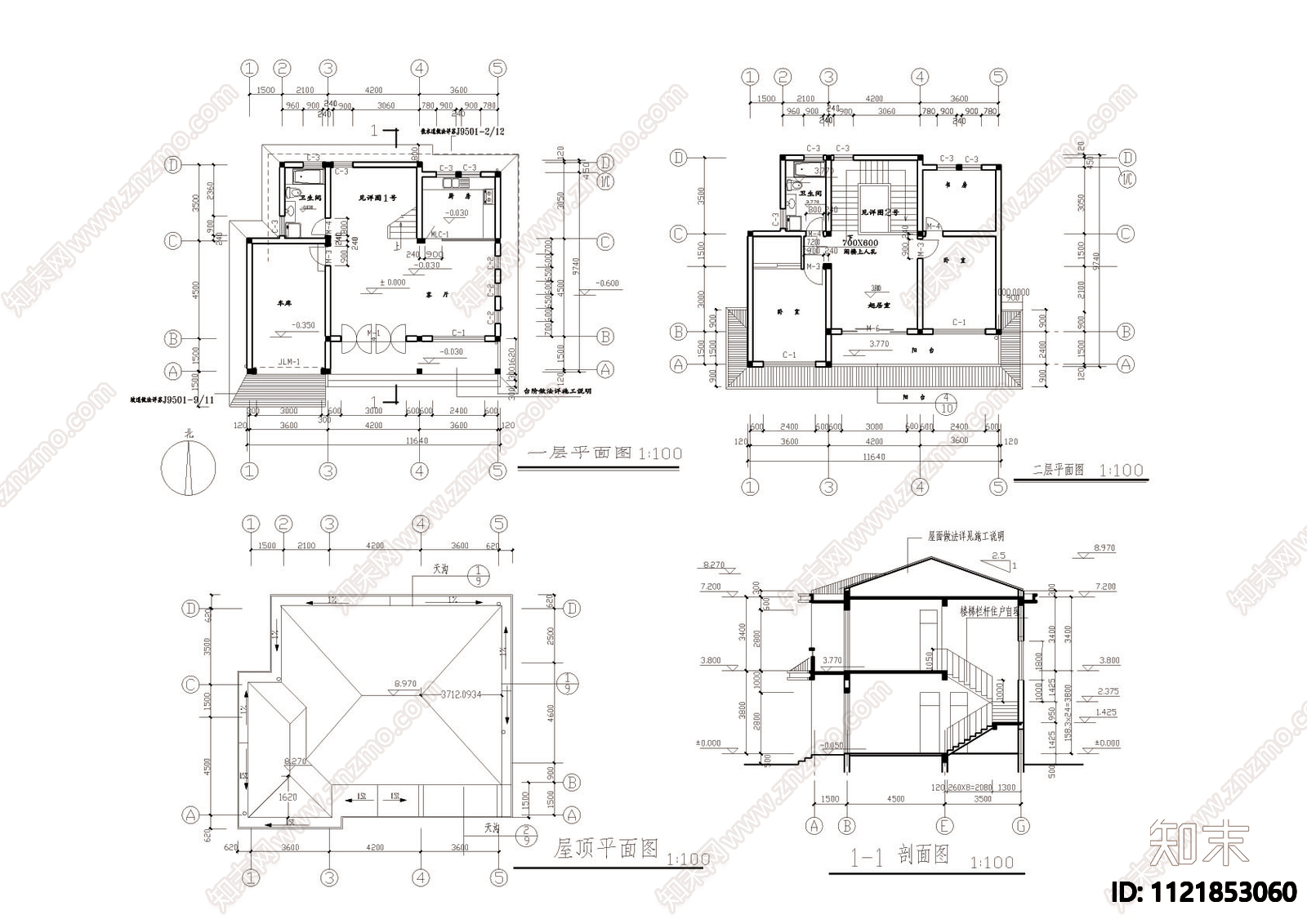 5套乡村自建别墅建筑结构CAD图施工图施工图下载【ID:1121853060】