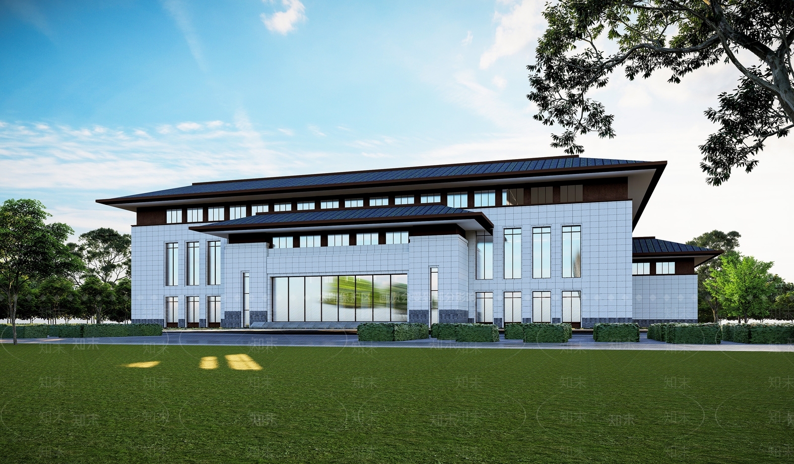 新中式图书馆建筑SU模型下载【ID:1121973375】