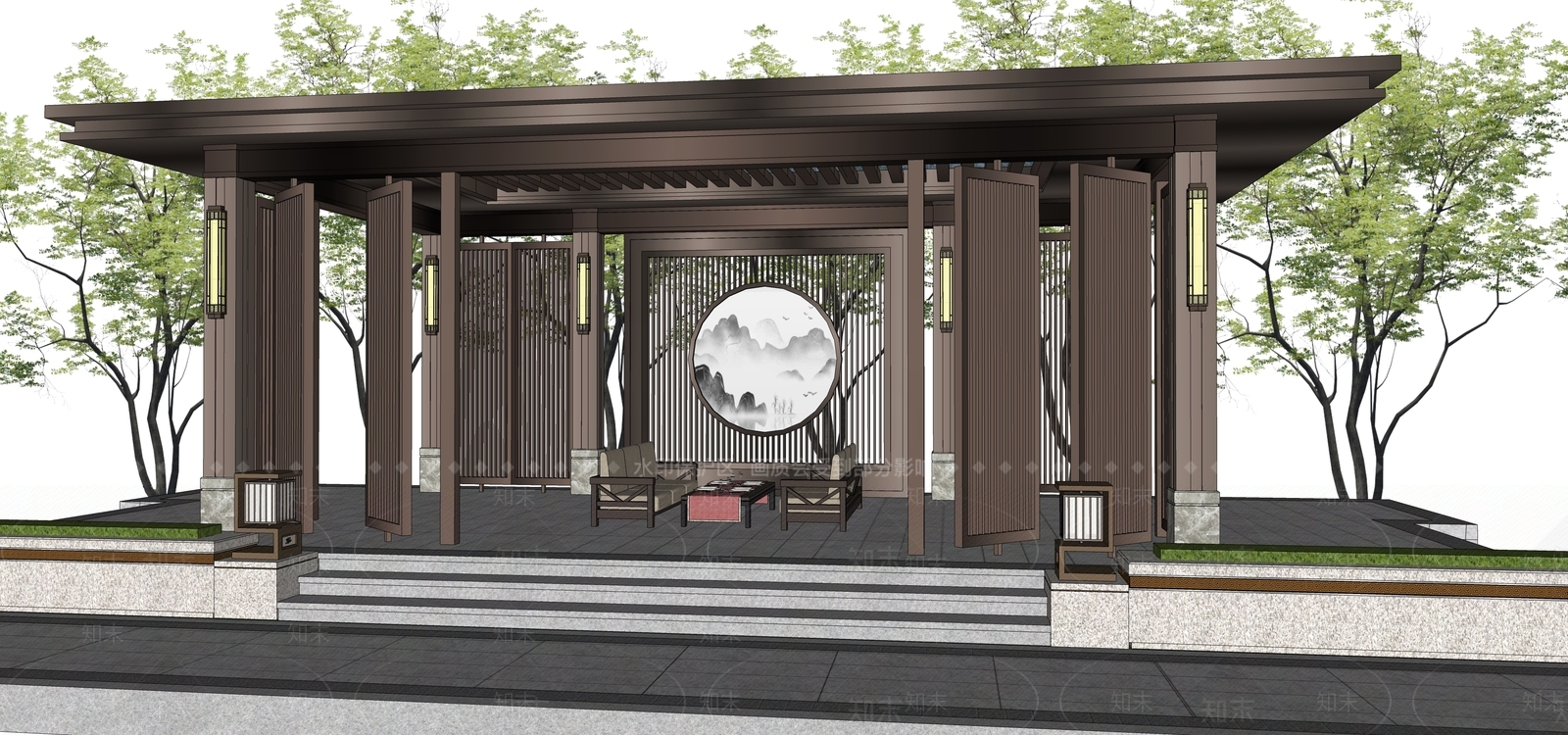 新中式廊架SU模型精品下载_SketchUp模型_知末网