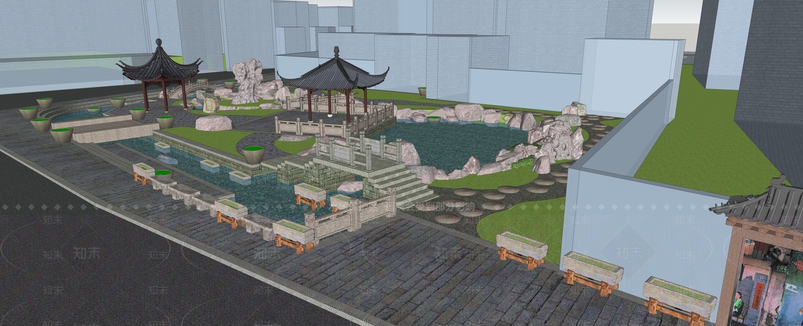 新中式游客中心SU模型下载【ID:1122045690】