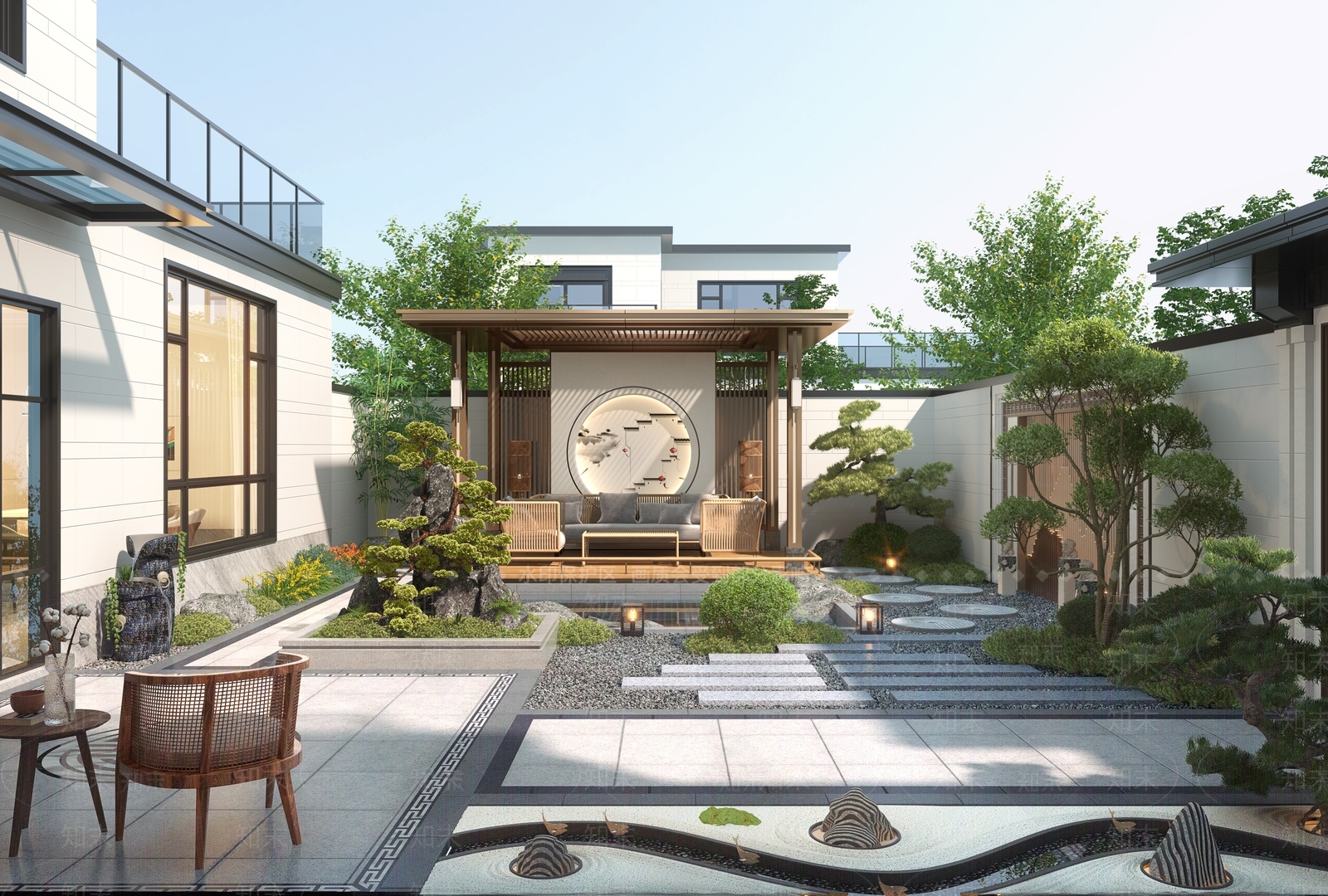 新中式庭院3D模型渲染效果图