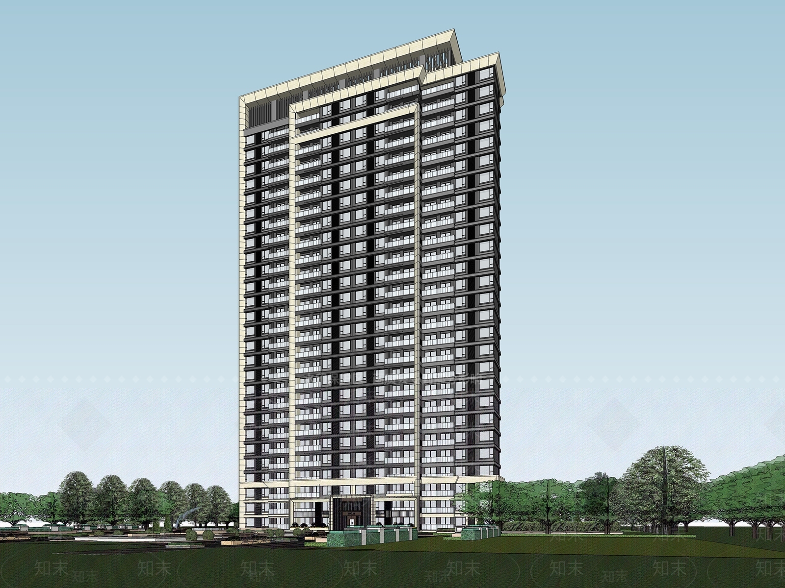 现代风格高层住宅SU模型下载【ID:1122103844】