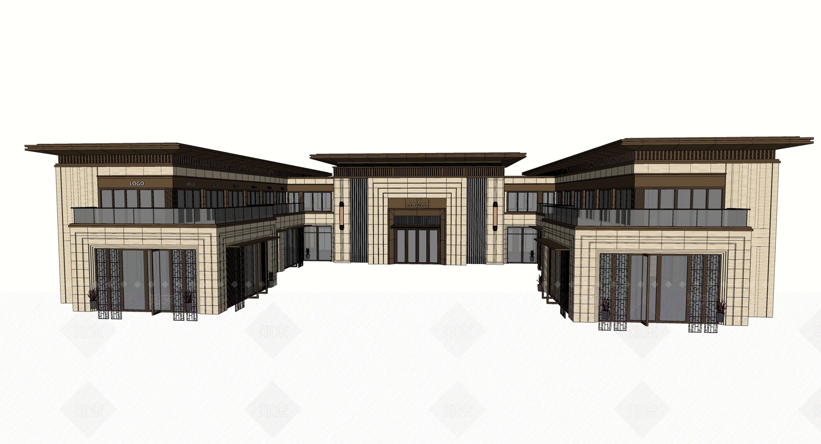 新中式售楼处建筑SU模型下载【ID:1122132297】