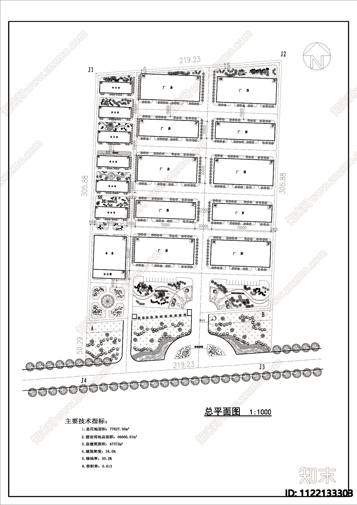 现代厂区规划加绿化cad总平面施工图下载【ID:1122133303】