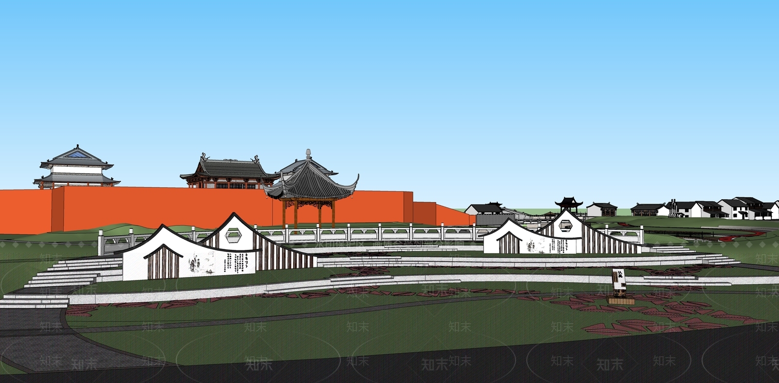 现代滨水公园景观SU模型下载【ID:1122147142】