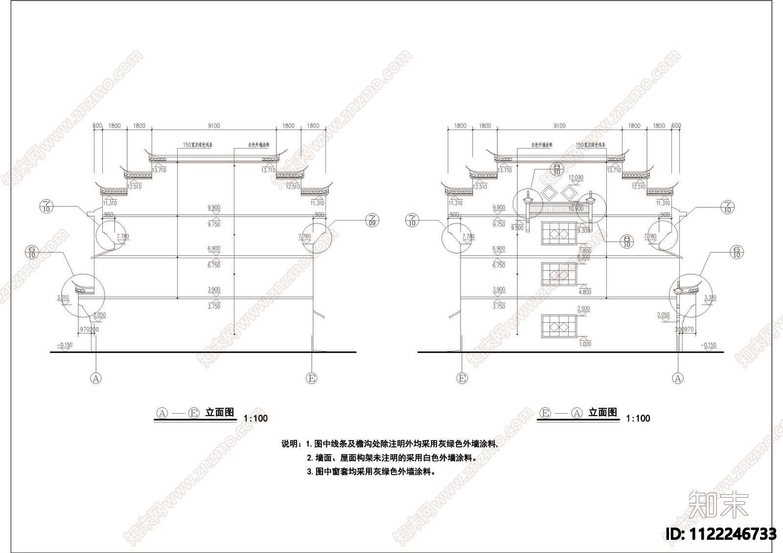 徽派三层民居建筑CAD图施工图下载【ID:1122246733】