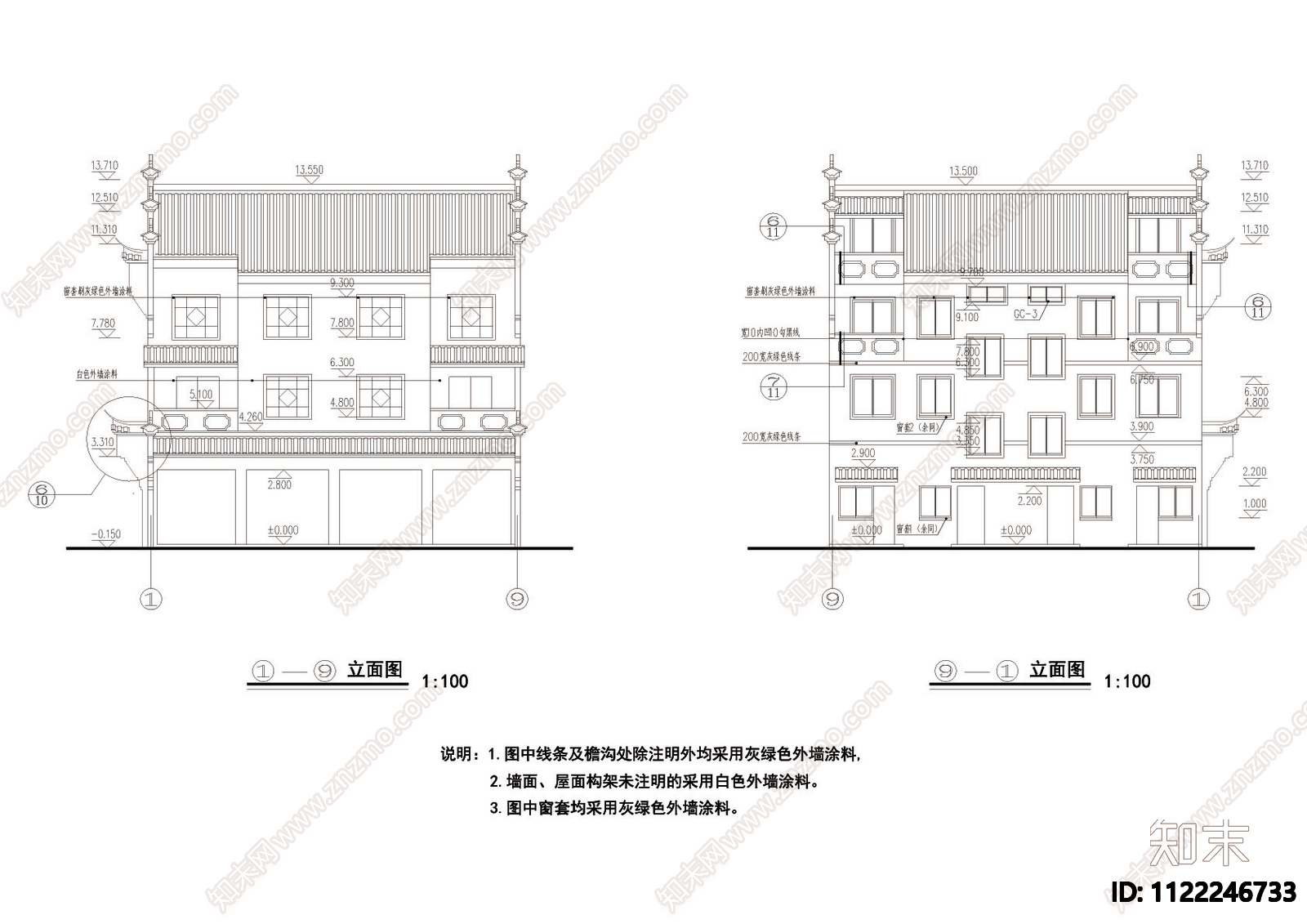 徽派三层民居建筑CAD图施工图下载【ID:1122246733】