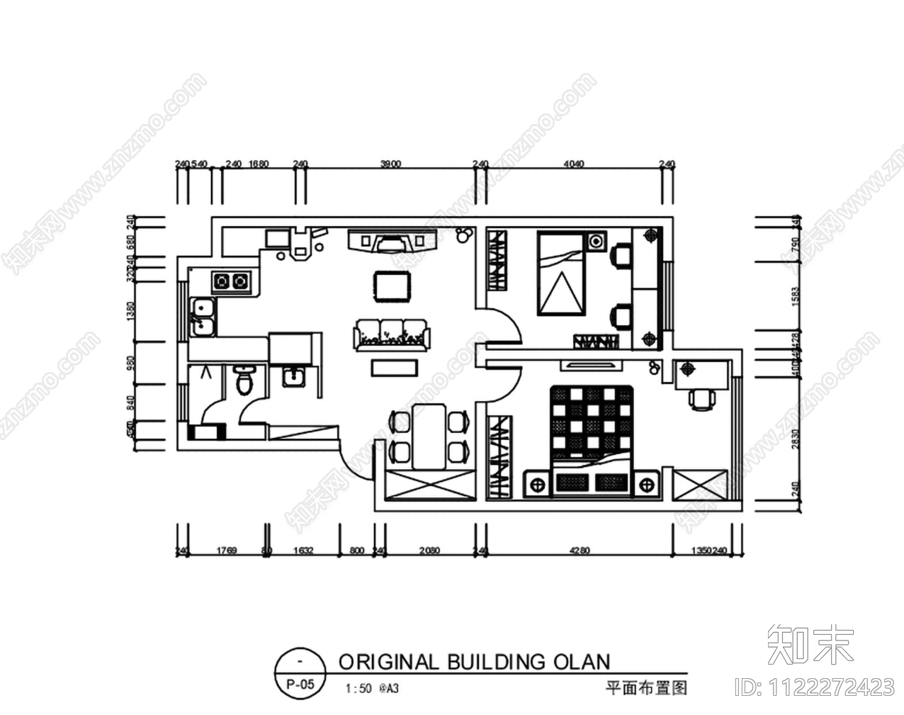 100m2现代简约二室两厅一卫施工图下载【ID:1122272423】