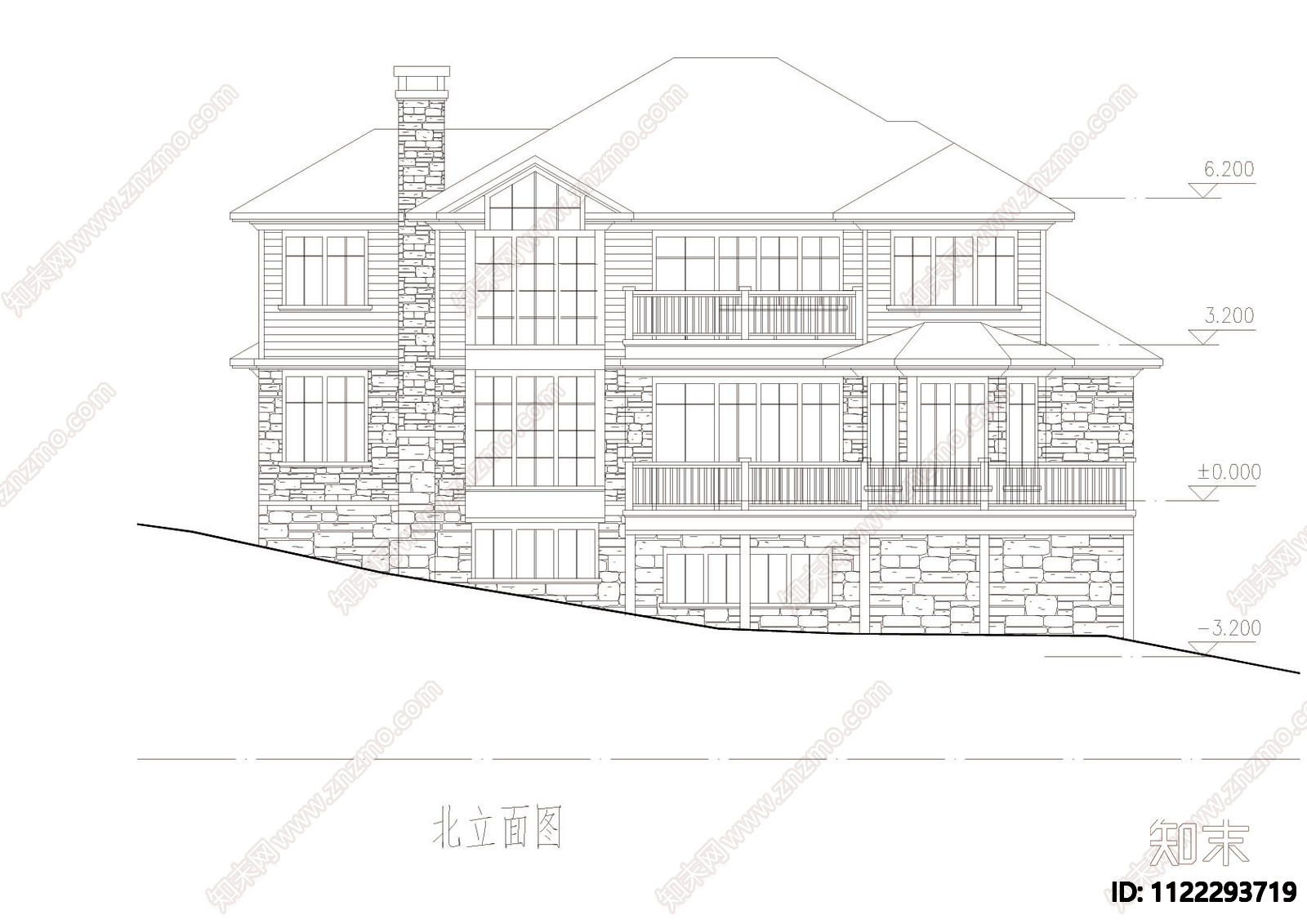 坡地独栋别墅cad图施工图下载【ID:1122293719】