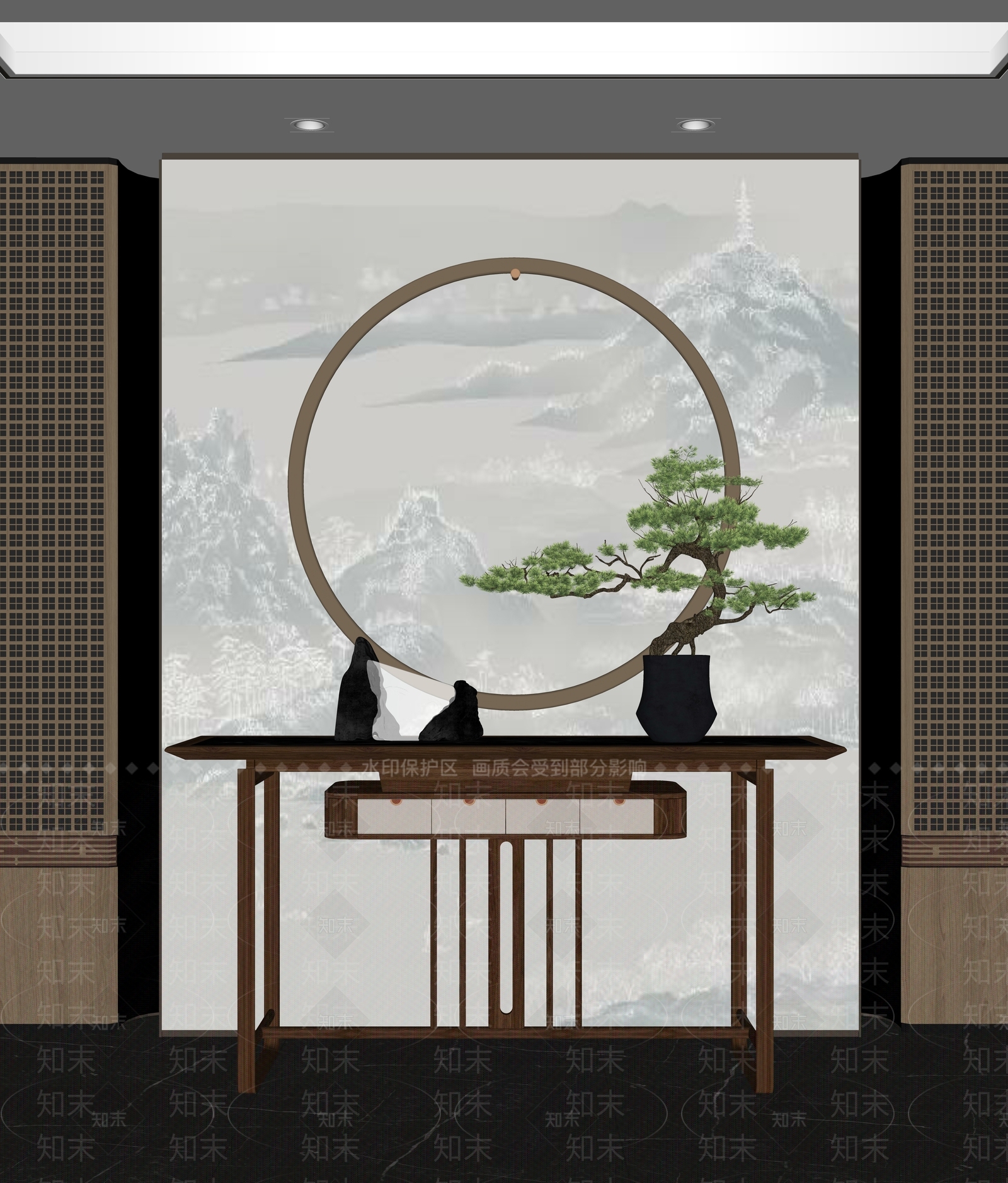 新中式端景条案SU模型下载【ID:1122369116】