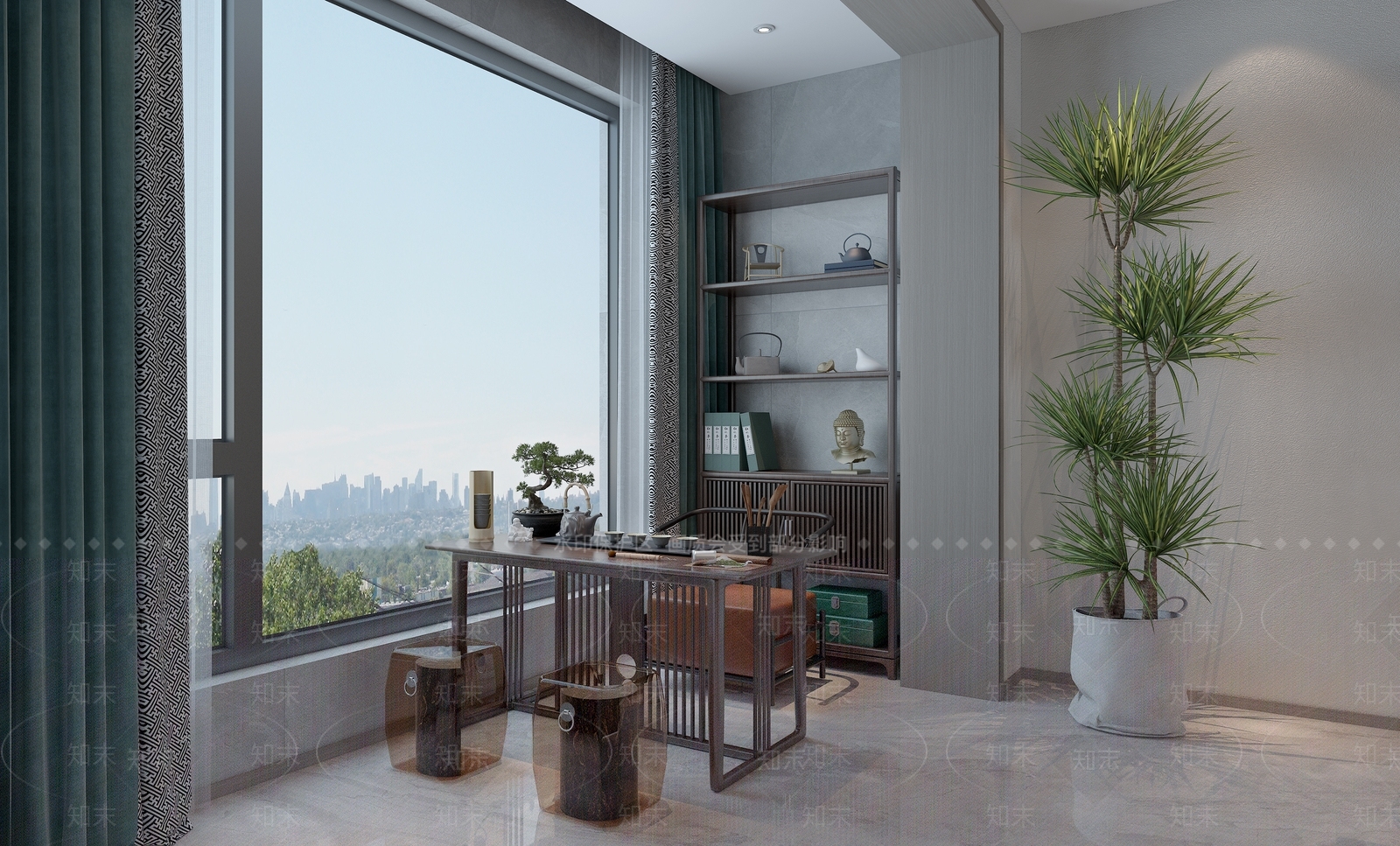 新中式家居阳台品茶区茶桌茶柜3D模型下载【ID:1122391221】