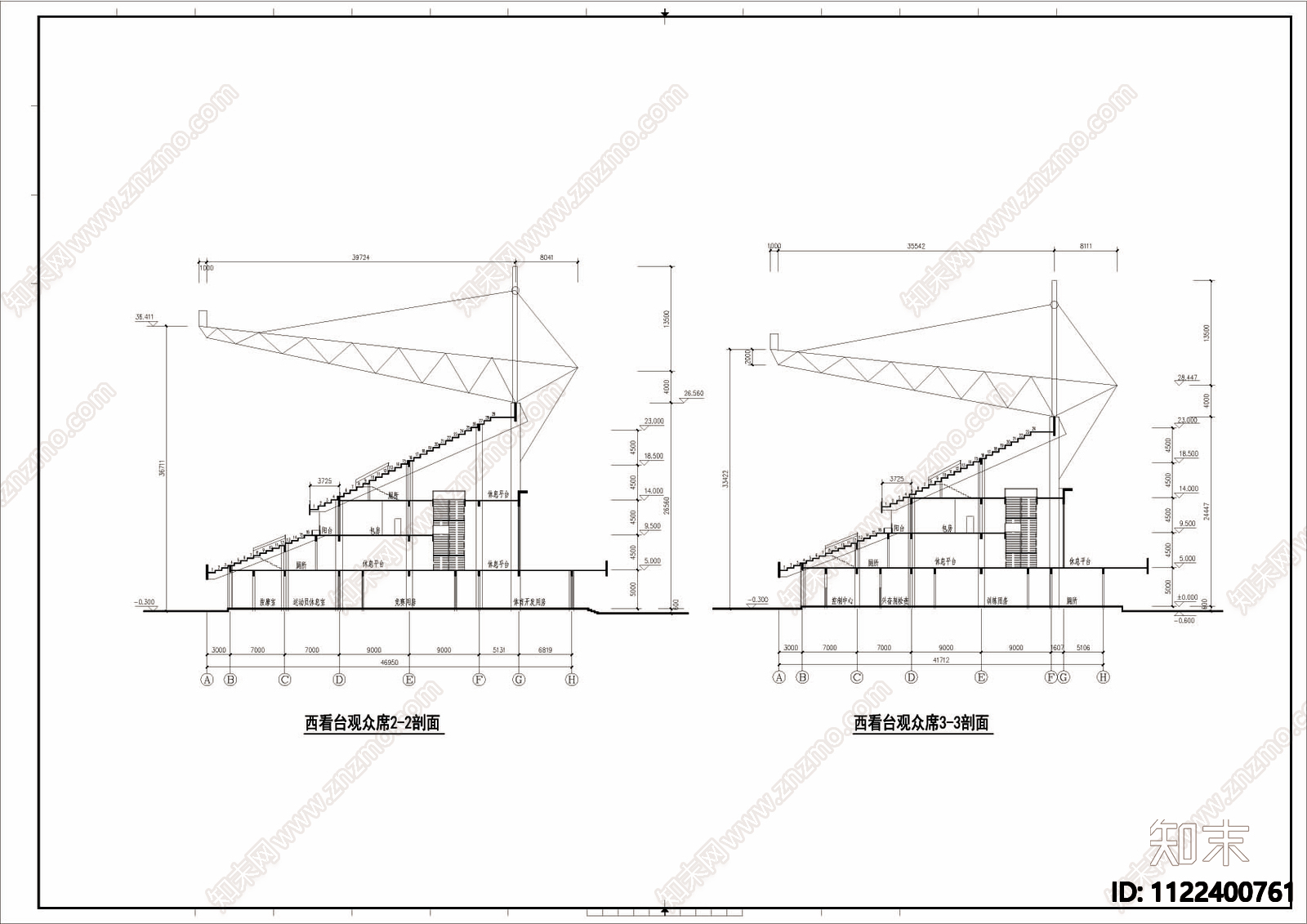 看台主席台CAD剖面结构图施工图下载【ID:1122400761】