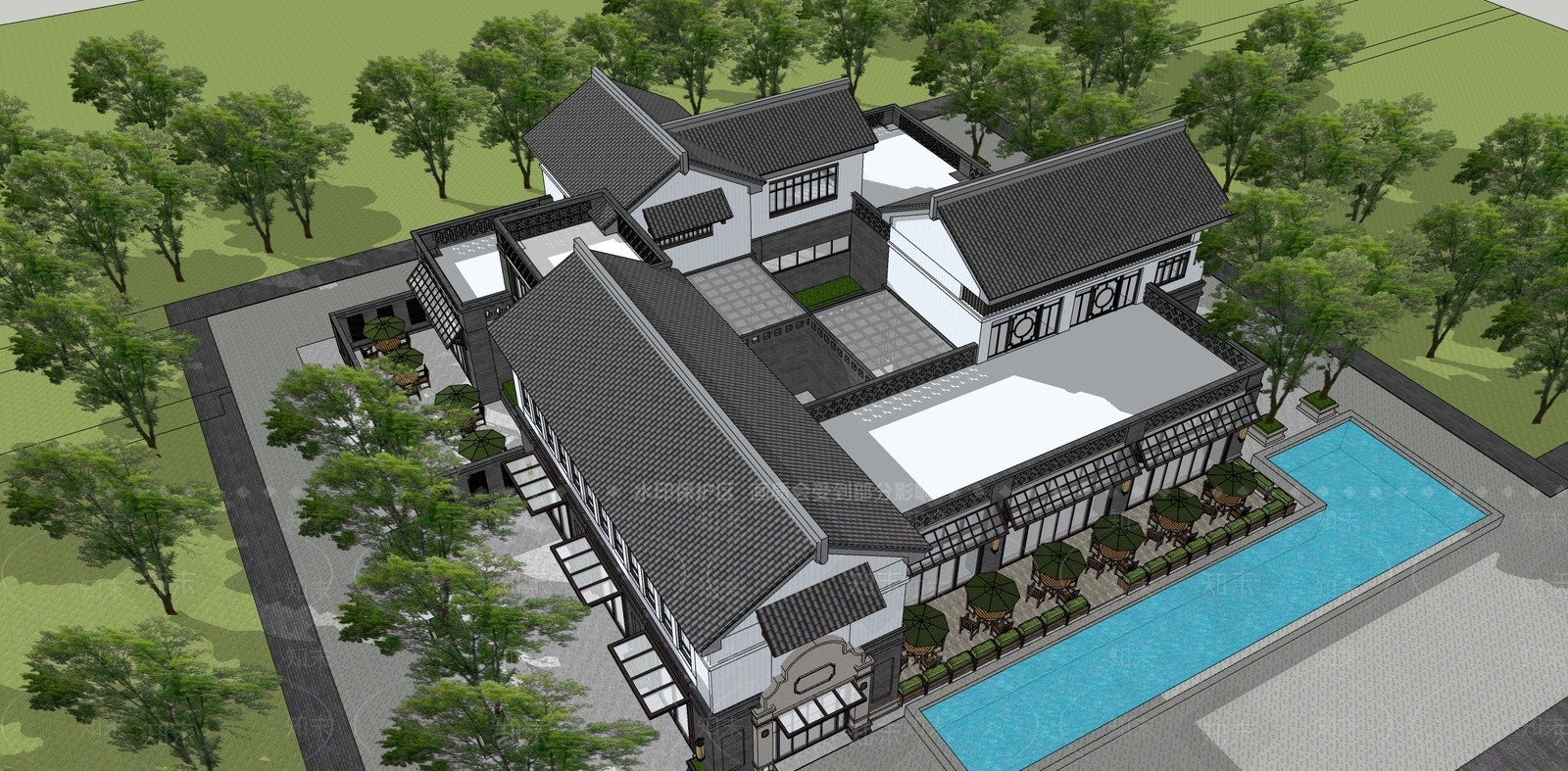 新中式酒店建筑SU模型下载【ID:1122401606】