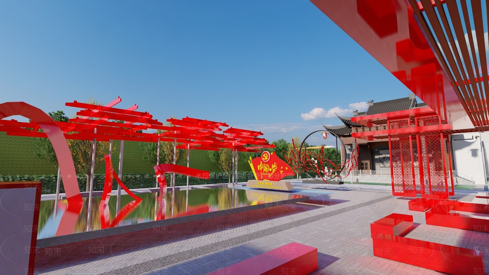 现代红色文化广场SU模型下载【ID:1122454246】