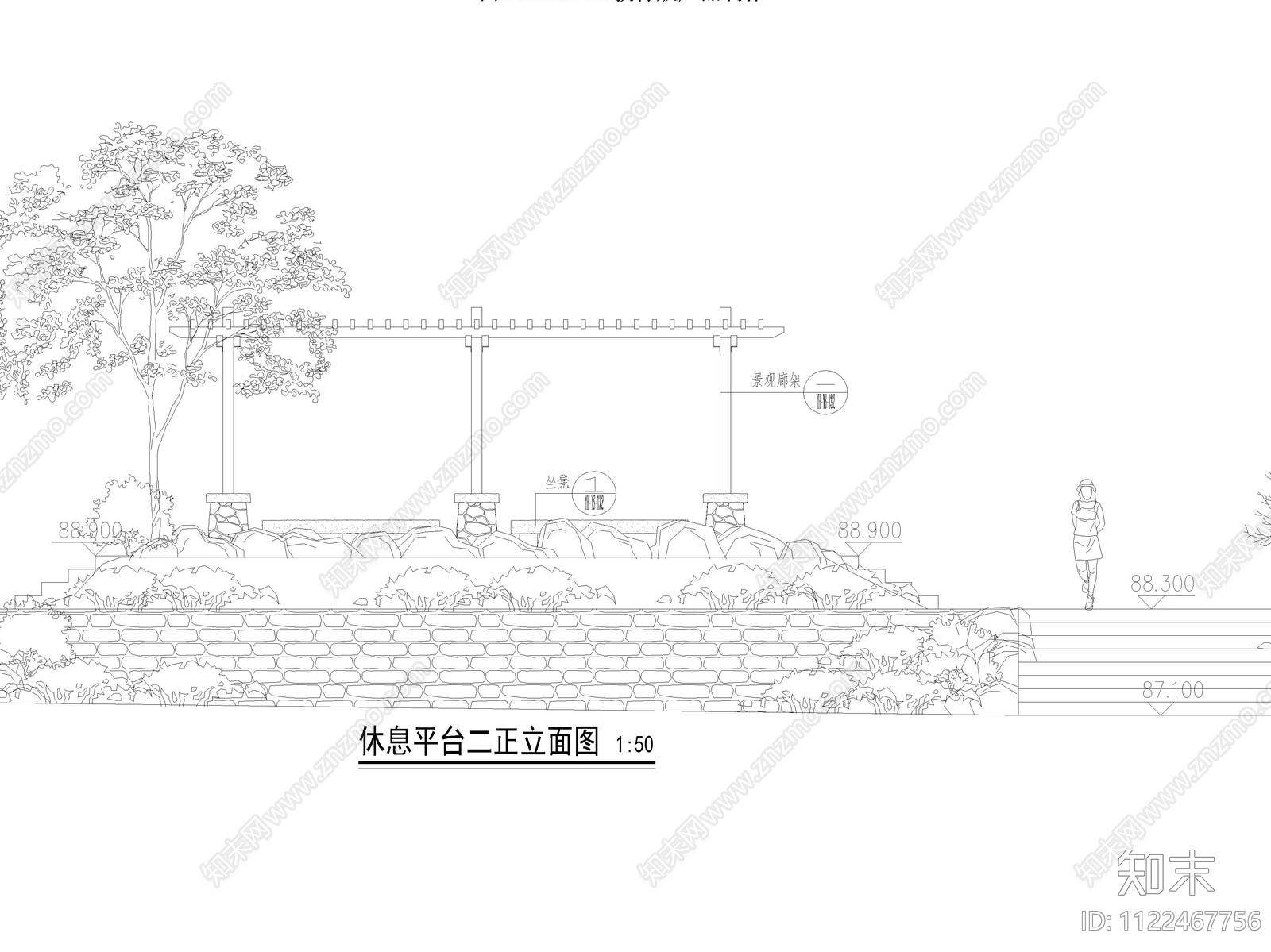 新中式休憩平台及廊架详图cad施工图下载【ID:1122467756】