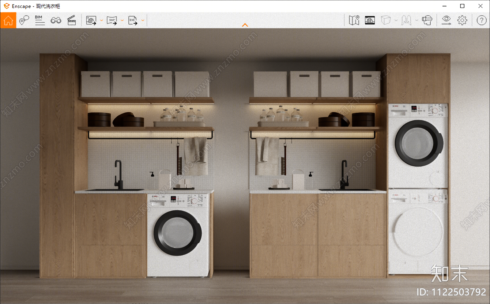 现代原木洗衣机柜SU模型下载【ID:1122503792】