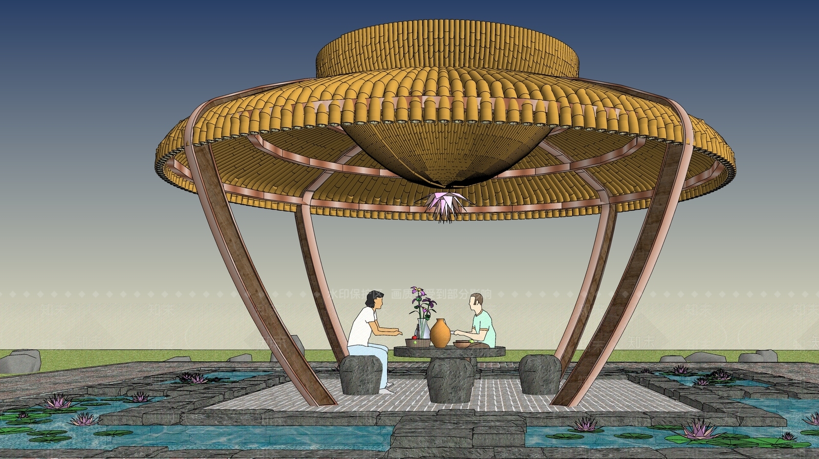 中式竹制圆顶凉亭SU模型下载【ID:1122576598】