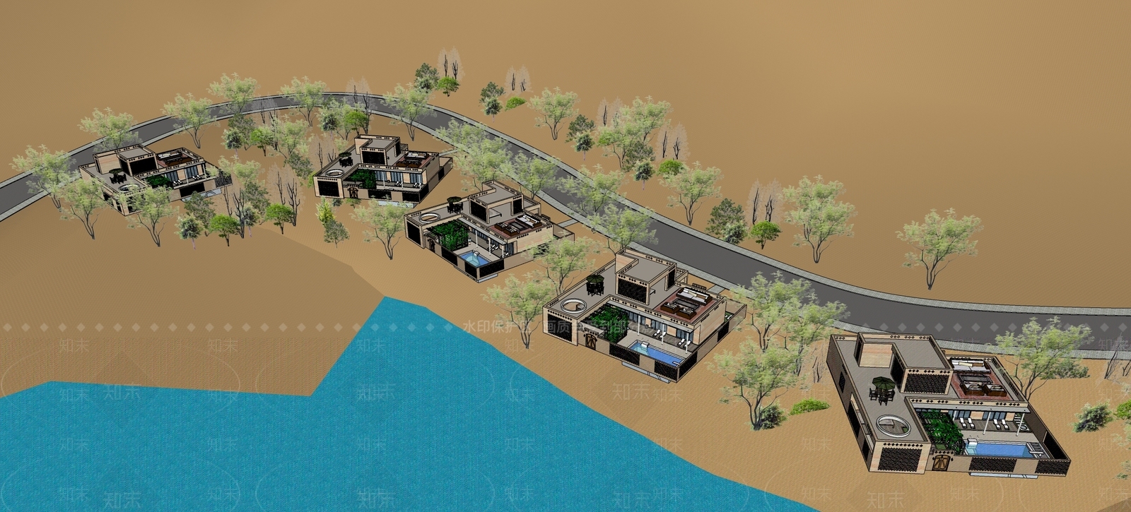现代新疆沙漠绿洲民宿建筑SU模型下载【ID:1122591258】