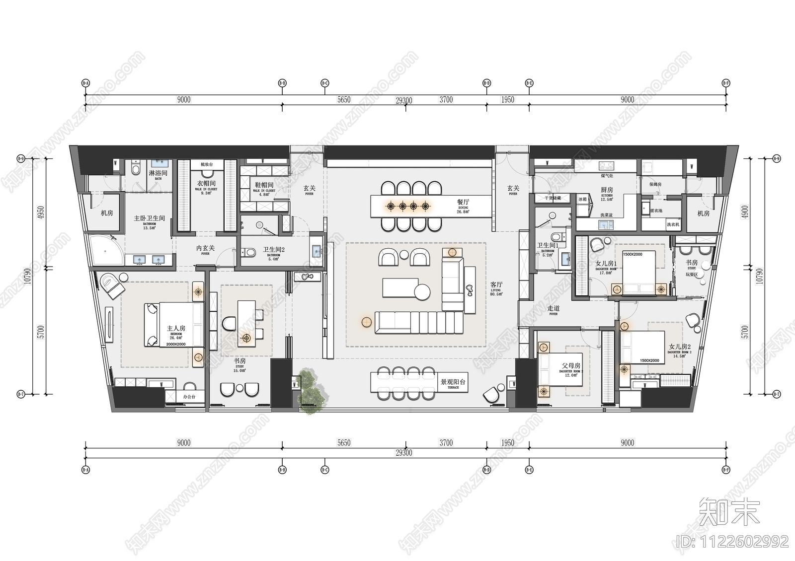 350㎡公寓大平层设计cad施工图下载【ID:1122602992】