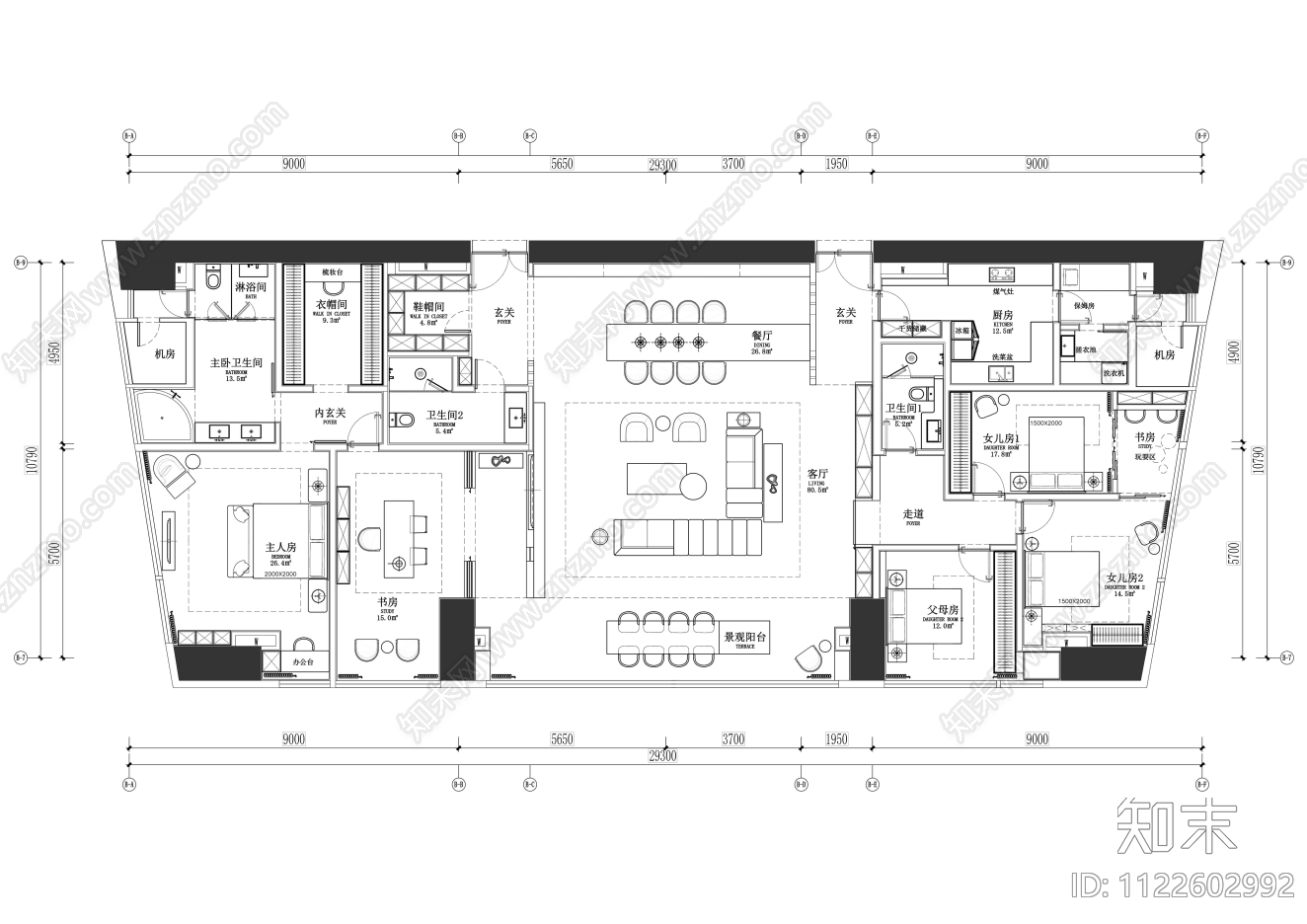 350㎡公寓大平层设计cad施工图下载【ID:1122602992】