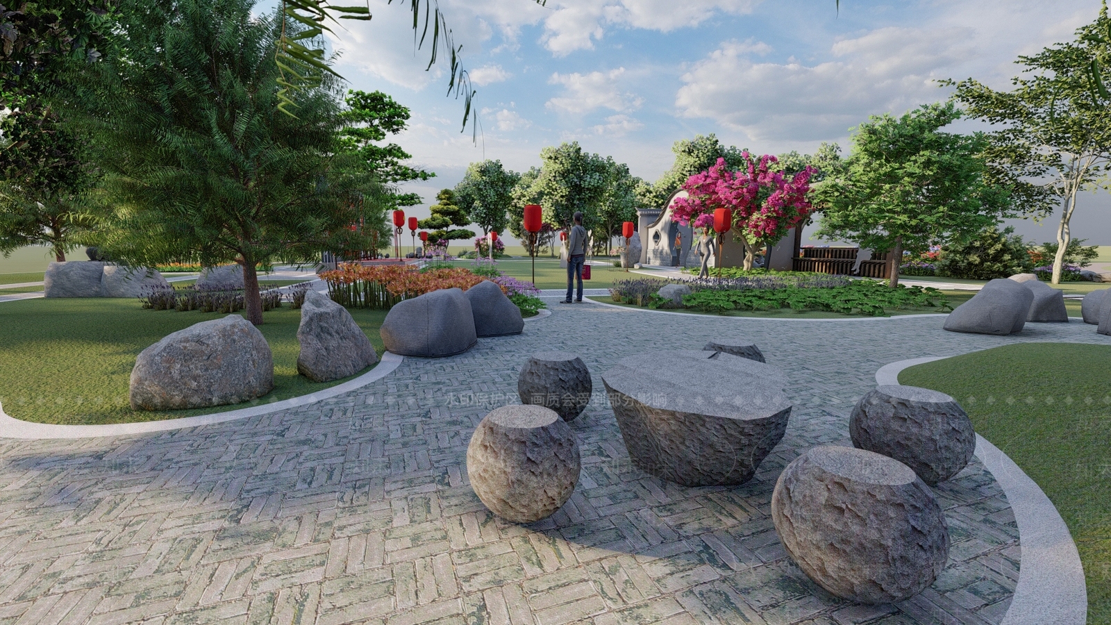 新中式公园景观SU模型下载【ID:1122607498】
