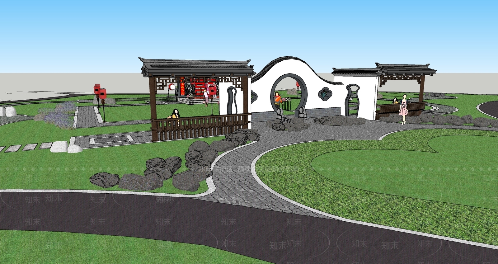 新中式公园景观SU模型下载【ID:1122607498】